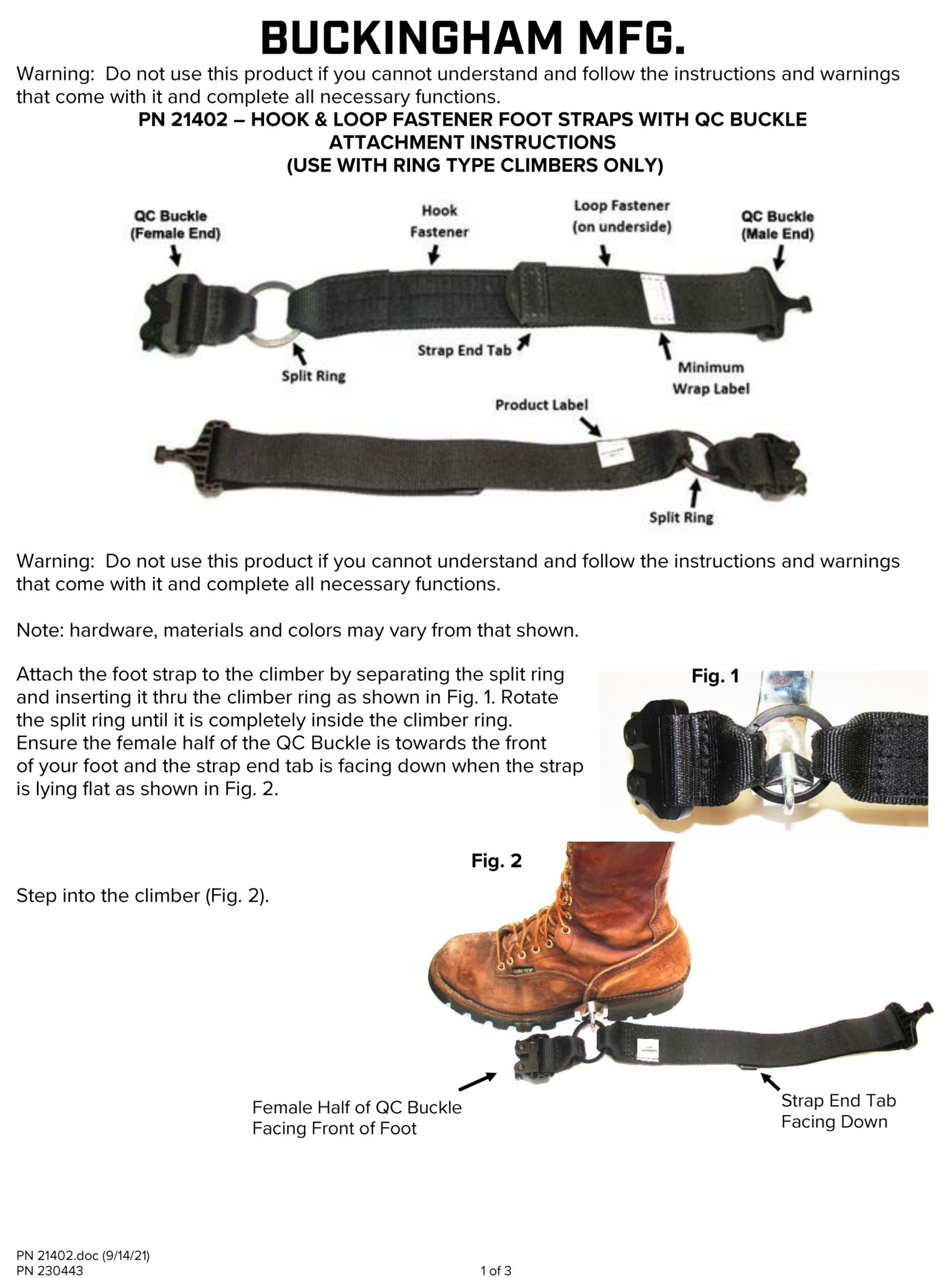 PN 21402 Hook & Loop Fastener Foot Straps with QC Buckle Attachment