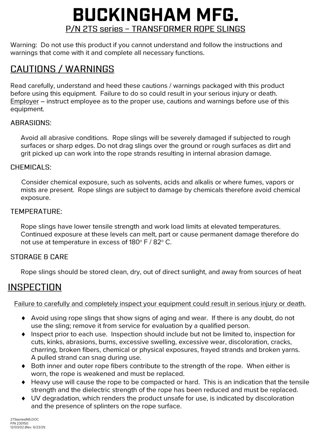 2T Series Transformer Rope Slings – 230150 | Buckingham – Instructions ...