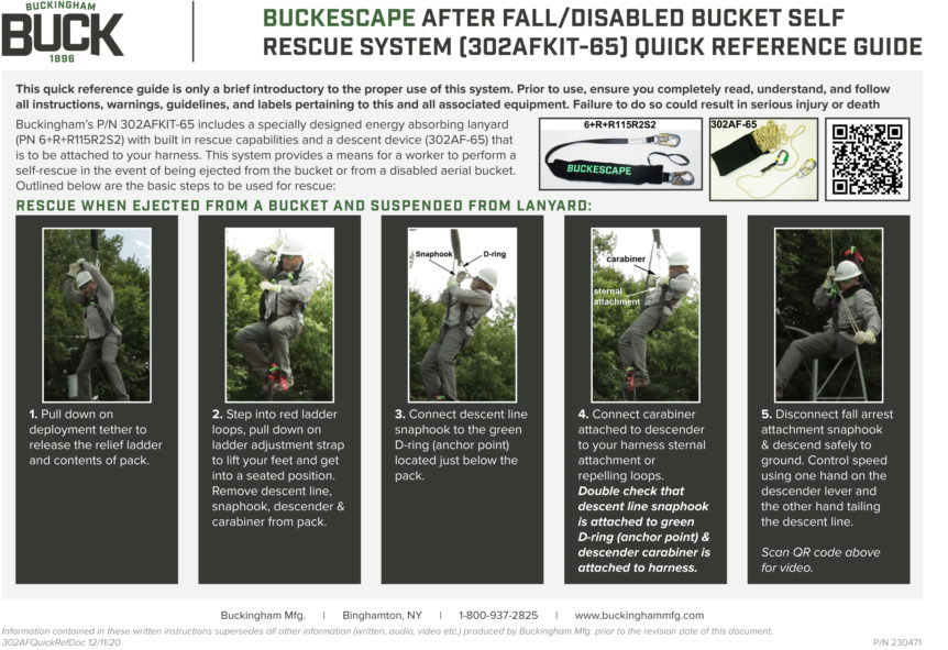 BUCKESCAPE AFTER FALL/DISABLED BUCKET SELF RESCUE SYSTEM (302AFKIT65) QUICK REFERENCE GUIDE