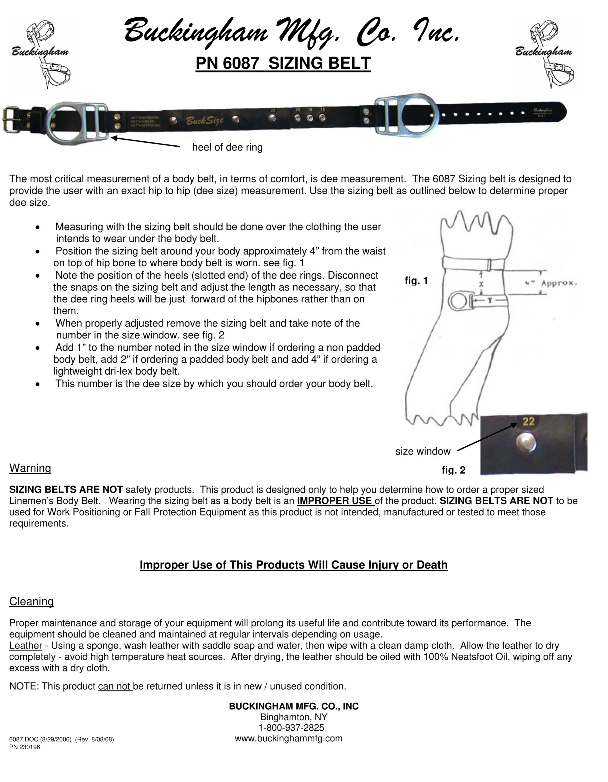 6087 Sizing Belt Instructions 230196 Buckingham Instructions