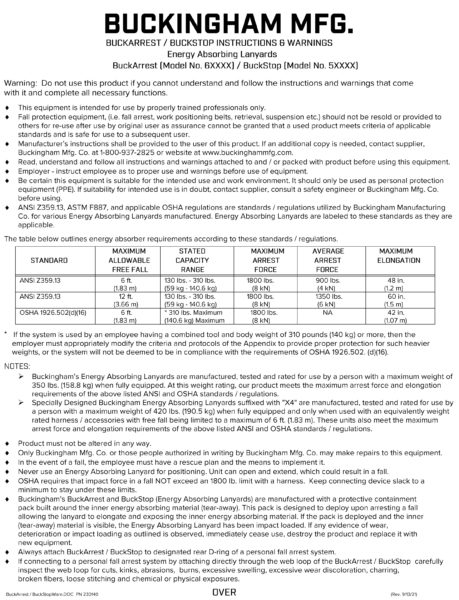 Buck Arrest™ Instructions and Warnings – 230140 | Buckingham ...