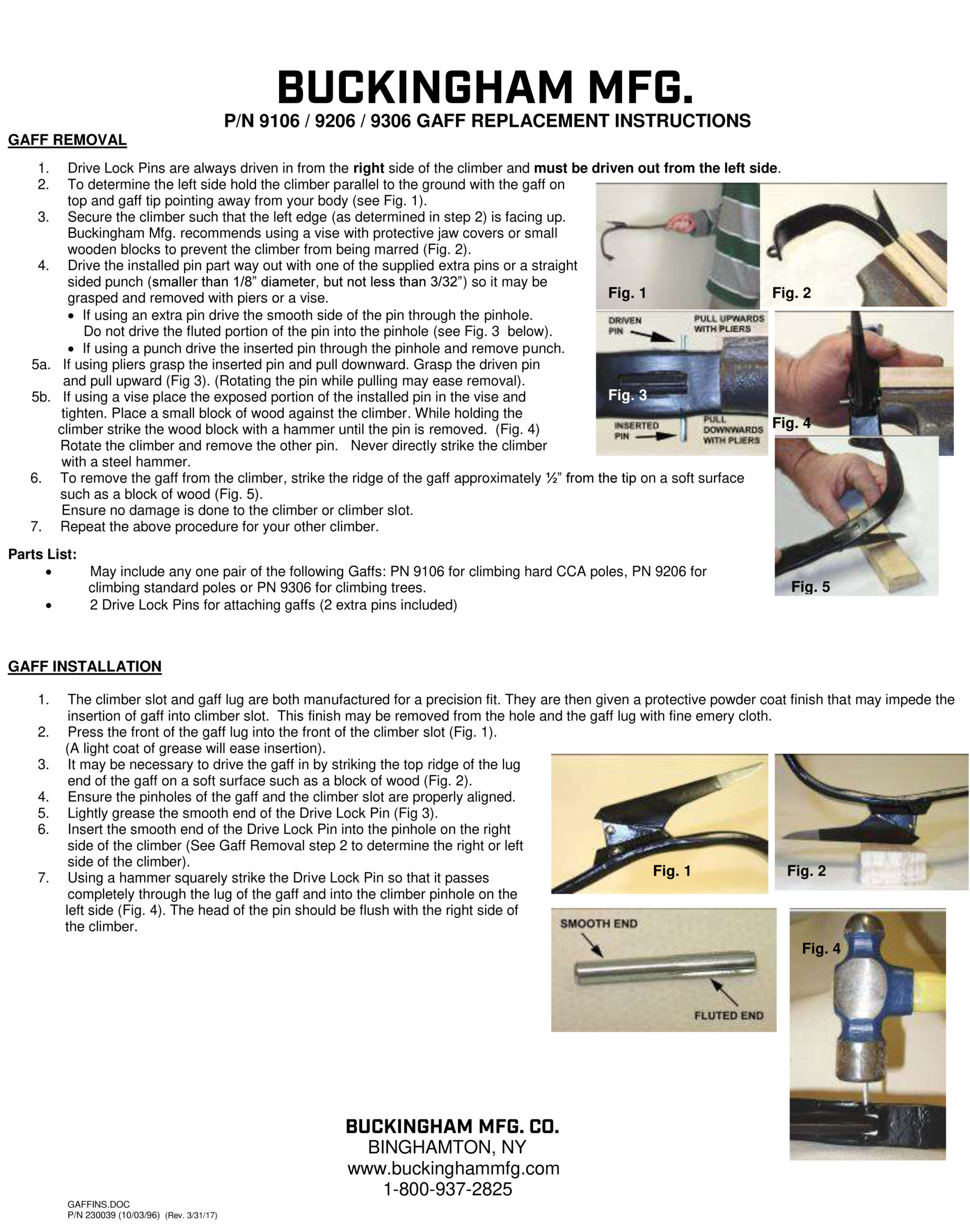 PN 9106/9206/9306 Gaff Replacement Instructions 230039 Buckingham