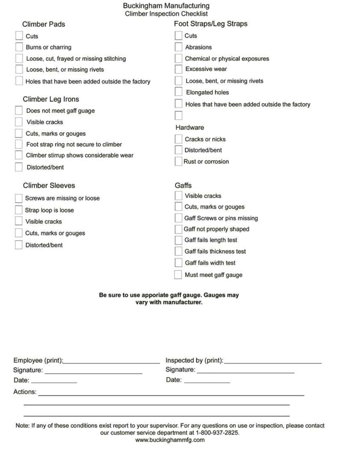 Climber Checklist Buckingham Instructions & Warnings