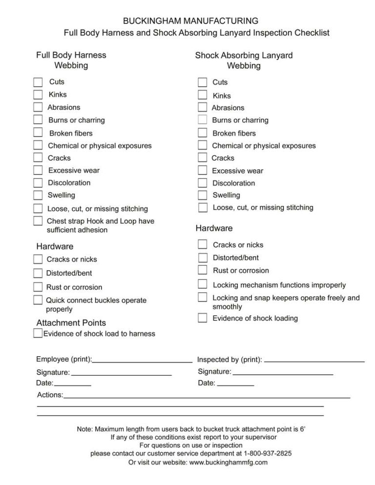 Lanyard/Harness Checklist Buckingham Instructions & Warnings