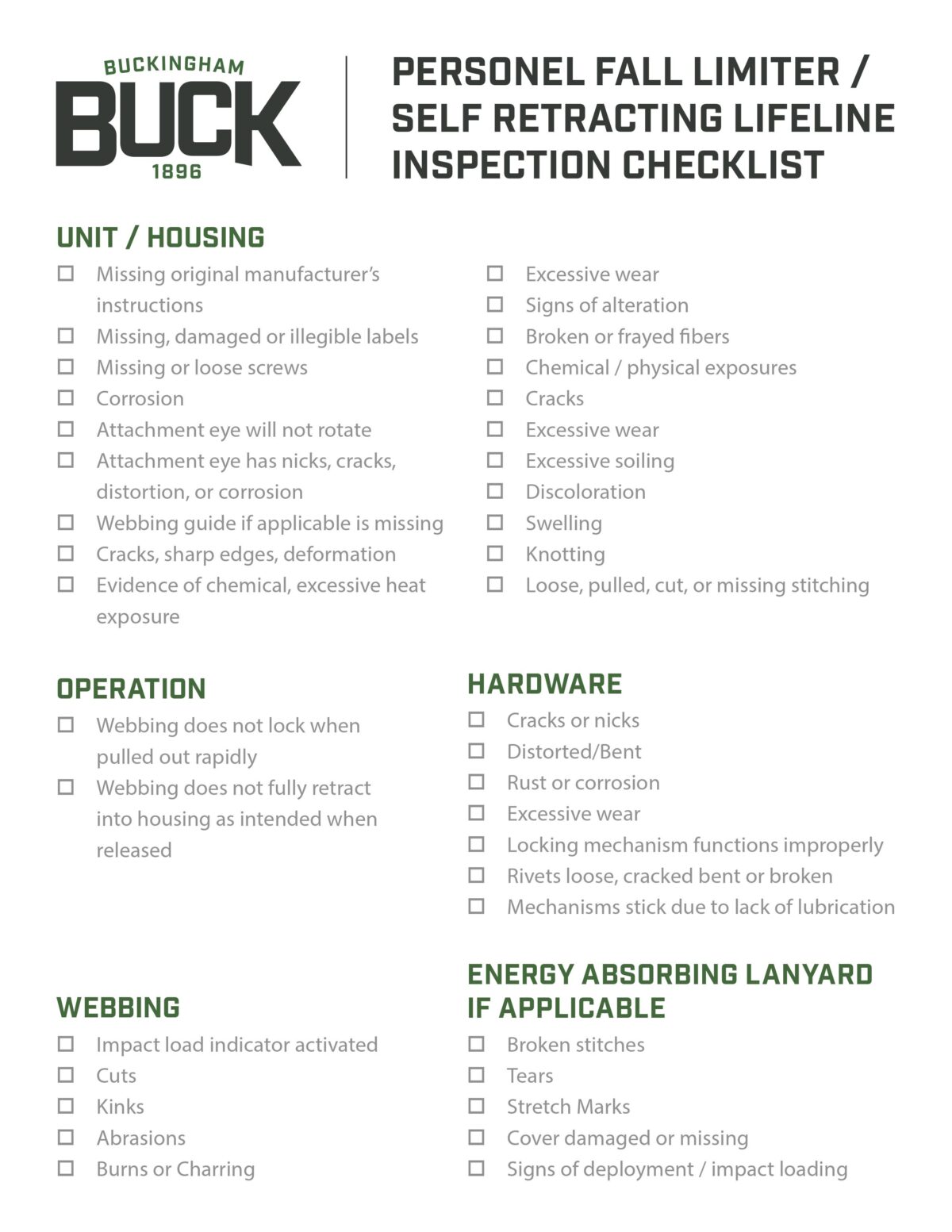 PFL/SRL Inspection Checklist | Buckingham – Instructions & Warnings