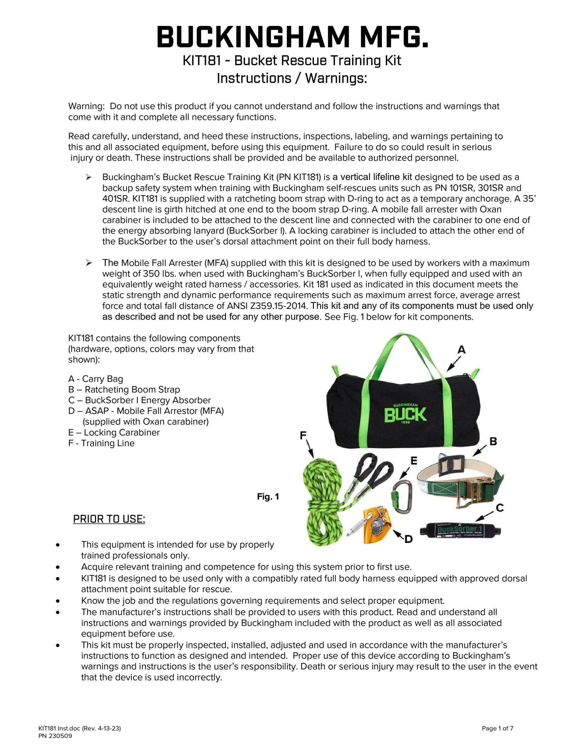 Bucket Rescue Training Kit Instructions / Warnings 230509